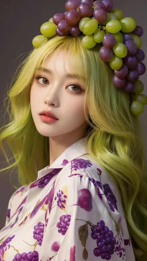 (Real, Highest quality, High resolution :1.3), One girl with a perfect body, Very beautiful face and eyes, Korean Beauty, (Slanted Eyes), Yellow-green wolf hair, (Grapes on his head:1.2), Oversized grape print shirt