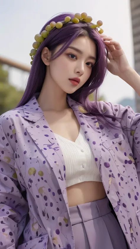 (Real, Highest quality, High resolution :1.3), One girl with a perfect body, Very beautiful face and eyes, Korean Beauty, (Slanted Eyes), Purple wolf hair, (Grapes on his head:1.2), Oversized grape print jacket