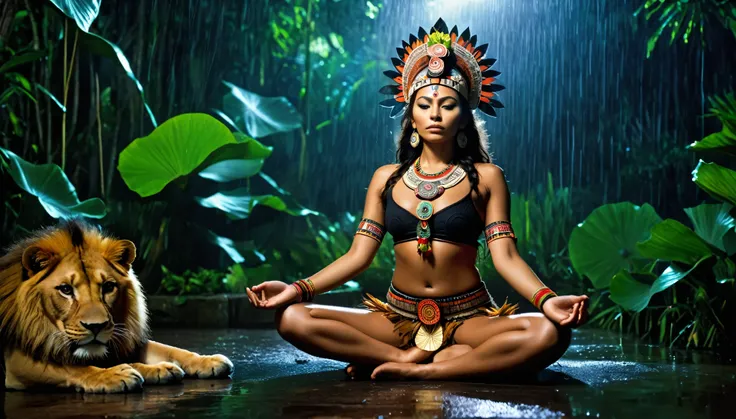 In the middle of the humid jungle, on a rainy night, there is a beautiful modern Aztec woman,  perfect body wearing a costume typical of your culture, Shes meditating, in lotus position. At her side she is accompanied by a lion who looks very intimidating....