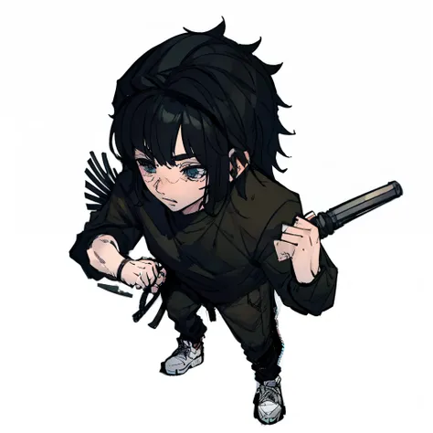 boy, 20 year, serious look, whole body, tied up hair, black sweatshirt, black sweatpants, White sneakers, Bblack hair, big hair, Hand band, RPG, order, combat stance, both fists defending the face.