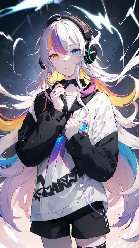 masterpiece, best quality, 1 boy, Long colored hair, Heterochromia, Black headphones, Clothes, shorts, Discharge Aura, rainbow, confusion, lightning, spark, Dynamic illustration, Delicate face, Beautiful illustrations, Good Hand, Good Hand指, Delicate hands...