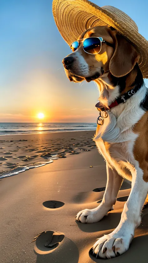 A beach scene with a perfect detailed young beagle dog sitting on the sand. The beagle is wearing sunglasses and a straw hat, with a refreshing drink next to it. The background includes the ocean and a bright, sunny sky. The beagle looks relaxed and happy,...