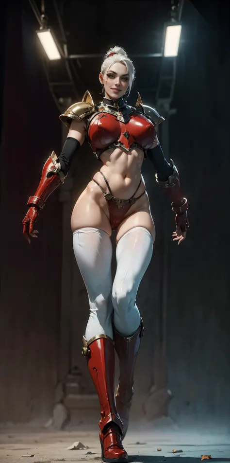 (masterpiece, best quality, 4k, 1girlsolo, 1MILF, mmplatz, smile, red cheeks, plain background:1.2) perfect face, perfect lighting, mature whsororitas with gloves red gauntlets in her hands like Cammy White from Street Fighter, bob white hair, warhammer 40...