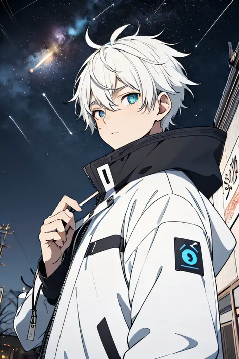 [(SkyBlue BACKGROUND:1.5),::5], ((((masterpiece)))), high quality, very_high_resolution, large_filesize, full color, ((younger boy)), 13 old year, ((mens short White hair)), vivid color, ((Blue eye)), Parka, (upper body), ((anime style)), ((Meteor shower))