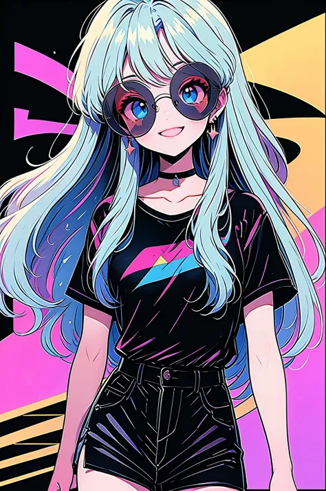 highest quality,smile,woman,woman1人,cute,long hair,light blue eyes,
black t-shirt,black shorts,sunglasses,sparkly earrings,black...