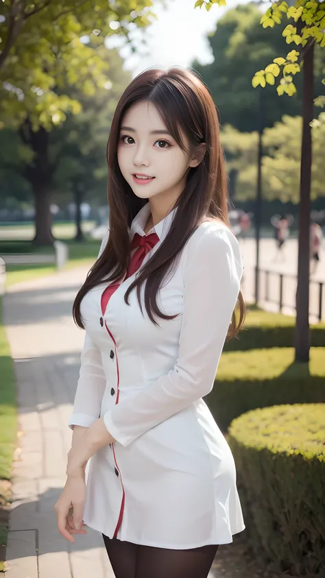 ulzzang-6500-v1.1, (RAW Photos:1.2), (Photorealistic), (Genuine:1.4), １girl、Perfect Anatomy、20 years old、Looking at the camera、Medium Long Hair、uniform、dress, (( in the park :1.2))、(Ultra-realistic pantyhose:1.2), (Business services)、Asian Eyes Ella,