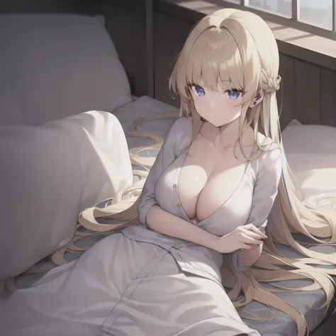 A girl，blond, Long hair, Eye:1.5), (Large Breasts:1.2),
Rest special short skirt, skirt, White shirt， Seto Fuku,Low-cut，cardigan，Close your eyes，boots，Cleavage Rest，At the same time look at the audience,Lying down，
Rest in the bedroom, rest on bed (masterp...