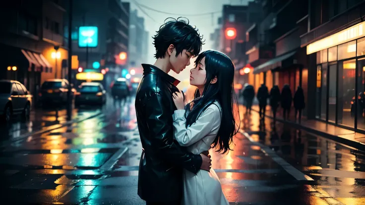 On a rain-soaked street, the couple stands drenched, holding onto each other. The rain blurs their outlines, the city lights casting reflections on the wet pavement. A blend of cool blues and bright neon colors creates a surreal, almost dreamlike atmospher...