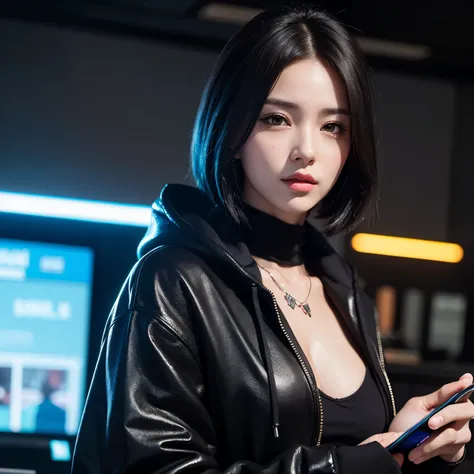 a beautiful woman that is looking at her modern cell phone, hyper detailed face, artwork in the style of guweiz, hyper-realistic cyberpunk style, realistic digital art 4k, realistic digital art 4k, beautiful digital artwork, photorealistic artstyle, cyberp...