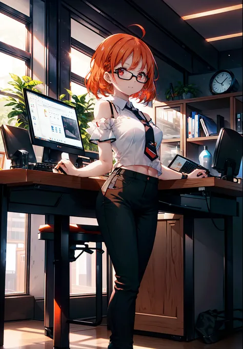 Takahai Chige,Orange Hair,Red eyes,smile,Long Hair,Ahoge,Cold Shoulder Shirt,Short sleeve,skinny pants,Stiletto heels,Black-rimmed glasses,interior,There is a computer on the table,Walking,whole bodyがイラストに入るように,Daytime,Clear skies,　　　　 　　　　　　　　　　　　break in...
