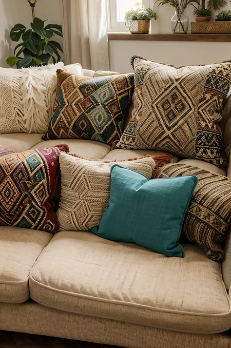 A cozy living room sofa adorned with a variety of colorful, patterned boho throw pillows
