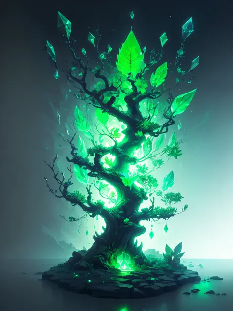 a green glowing tree with a leaf shaped like a tree, concept art by Stefan Lochner, trending on cgsociety, conceptual art, green crystal, glowing green crystals, full of glass. cgsociety, green aura, glowing green, elemental guardian of life, intricate a w...