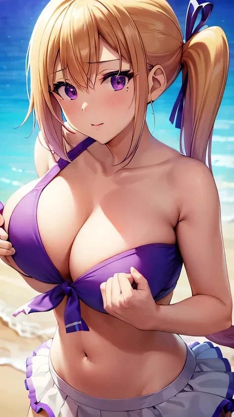 masterpiece, (Highest quality),One Girl, Blonde, Hair length,Side Ponytail, Purple eyes,Swimwear, skirt, Giant hair ribbon, Mole under the eye,Sexy Woman, Embarrassing,blush, Bright colors,Natural soft light,RTTX 10.0, (Detailed face:1.2), Showcase, (Perfe...