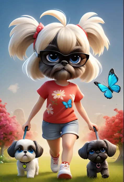 1 cute blonde girl with blue eyes wearing red sunglasses red shirt and denim shorts with bright tennis shoes, 2 small black and black black Shih Tzu puppies with big bright blue eyes wearing red sunglasses walking at dog park squirrels, bunnies, butterflie...
