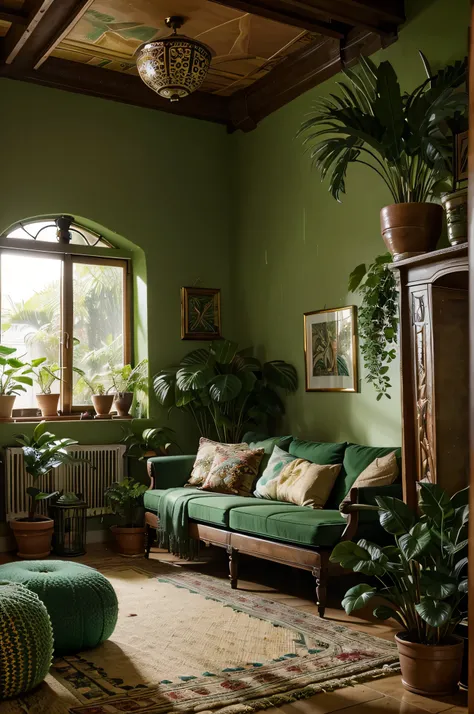 A living room with lush green plants in decorative, bohemian-style pots scattered around the room."