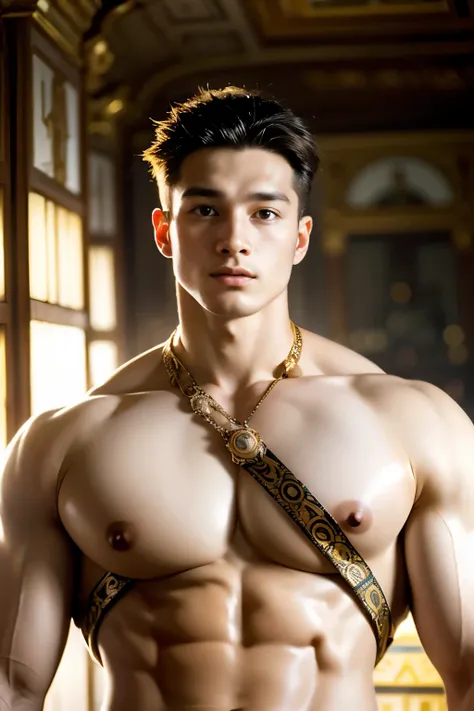 hyperrealistic oil painting art by (alphonse mucha:1.3), majapahit prince, tyson beckford, age 22, of A muscular white man, wearing harness, bodybulder, sweaty body, white pale redish skin, clean shaven, black wide big areolas, big pointy puffy nipple, myt...