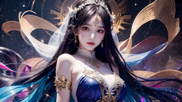 In a night starry sky universe background, a mystical aura envelops the enigmatic subject in a beautiful girl minimalist artwork, a single-lined masterpiece. The serene figure stands adorned in intricate threads shimmering like starlight, surrounded by a s...