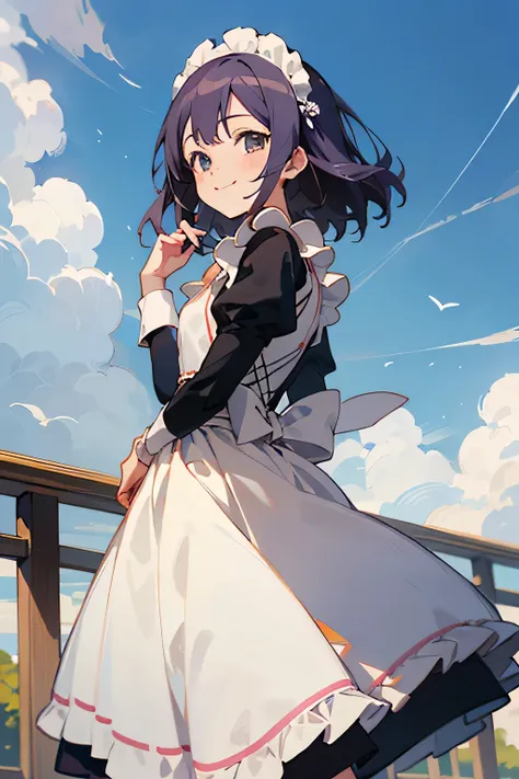 a girl named suzume ((From the anime &quot;Suzume no Tojimari&quot;)) who was looking at the sky while smiling sweetly and wearing a maid dress 