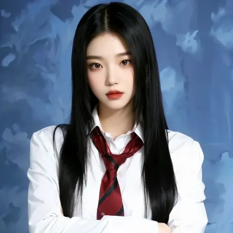 Arafed woman with long black hair and red tie., korean idol woman portrait, Portrait of Jossi from Blackpink, korean girl, cruel korean gothic girl, Kpop idol portrait, ulzzang, Jaeyeon Nam, black rose jisoo portrait, A hyperrealist , jennie pink black, sa...