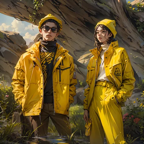 Inspired by the MBTI adventurer、Create an image of a man and a woman wearing yellow clothes。The atmosphere is like a fashion show。Be original and creative、Make the image stylish and cool。