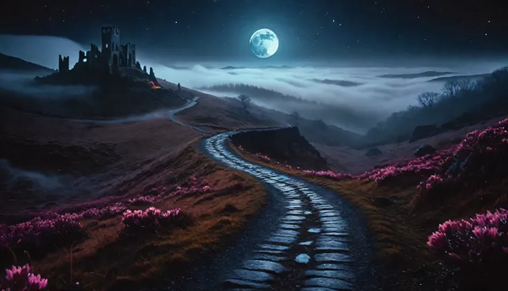 Dark road in the foggy hills, fire Fly, Will-O-Wisp, Mysterious, Crescent Moon, January, Ancient ruins in the background, (nighttime),  (Glowing fog:1.2), Calm colors, beautiful, Dark fantasy, Otherworldly, Surreal, 16K, dream-like, (Starlight:0.9), Umbro ...