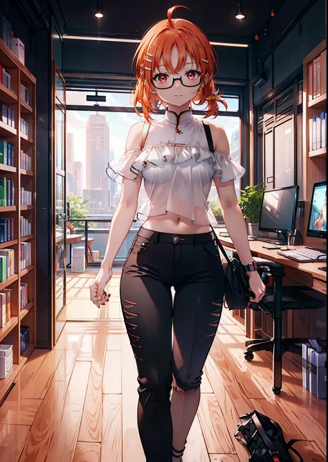 Takahai Chige,Orange Hair,Red eyes,smile,Long Hair,Ahoge,Cold Shoulder Shirt,Short sleeve,skinny pants,Stiletto heels,Black-rimmed glasses,interior,There is a computer on the table,Walking,whole bodyがイラストに入るように,Daytime,Clear skies,　　　　 　　　　　　　　　　　　break in...