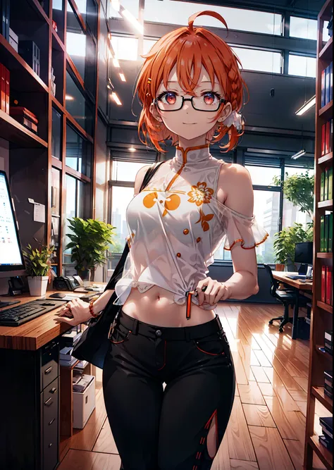 Takahai Chige,Orange Hair,Red eyes,smile,Long Hair,Ahoge,Cold Shoulder Shirt,Short sleeve,skinny pants,Stiletto heels,Black-rimmed glasses,interior,There is a computer on the table,Walking,whole bodyがイラストに入るように,Daytime,Clear skies,　　　　 　　　　　　　　　　　　break in...