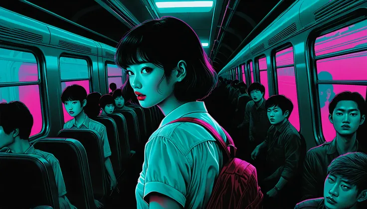 An illustration、art、80s Thai horror movie poster, Supervised by Junji Ito、(train:1.2)、Attention to detail, Realistic Shadows、Analog Style, chromatic aberration, Surrealism、Complementary Gradient