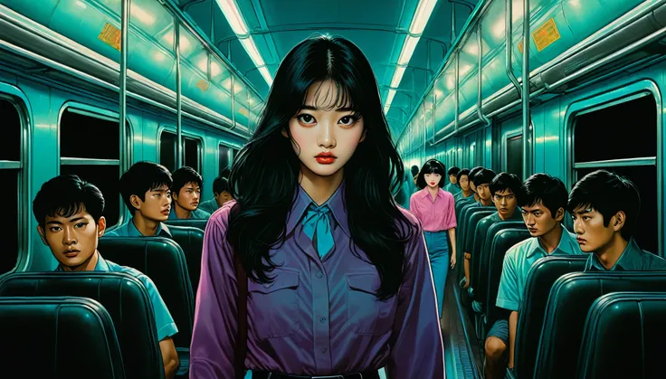 An illustration、art、80s Thai horror movie poster, Supervised by Junji Ito、(train:1.2)、High 、Attention to detail, Realistic Shadows、Analog Style, chromatic aberration, Surrealism、Complementary Gradient