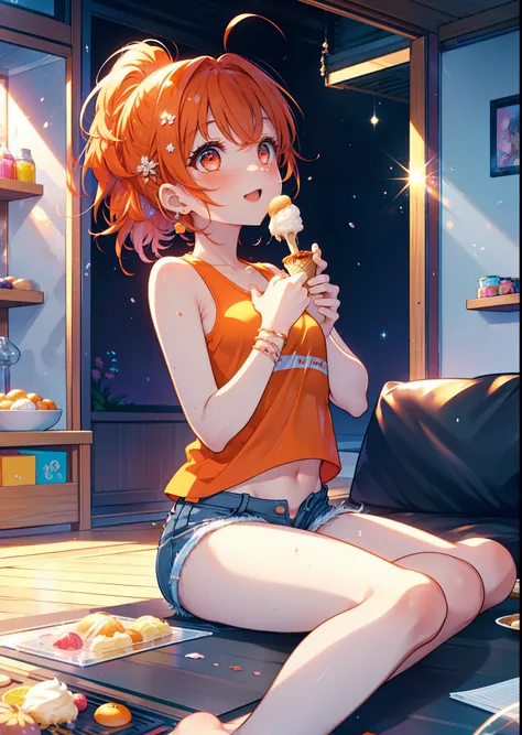 Takahai Chige,Orange Hair,Red eyes,smile,blush,Open your mouth,Long Hair,Ahoge,Orange tank top,Shorts,barefoot,Holding and eating ice cream with both hands,Sitting on the sofa,　　　　　　　　　　　　　　　break indoors, room, 　　　　　　　　　　　　　break looking at viewer, whole ...