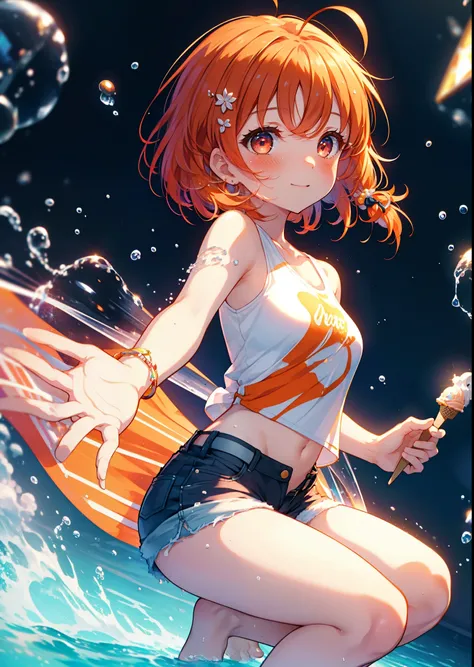 Takahai Chige,Orange Hair,Red eyes,smile,blush,Open your mouth,Long Hair,Ahoge,Orange tank top,Shorts,barefoot,Holding and eating ice cream with both hands,Sitting on the sofa,　　　　　　　　　　　　　　　break indoors, room, 　　　　　　　　　　　　　break looking at viewer, whole ...