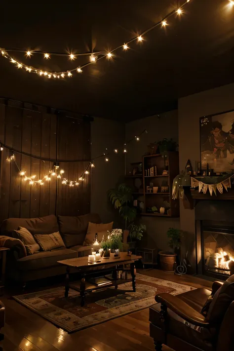 A living room with string lights creating a cozy, bohemian atmosphere