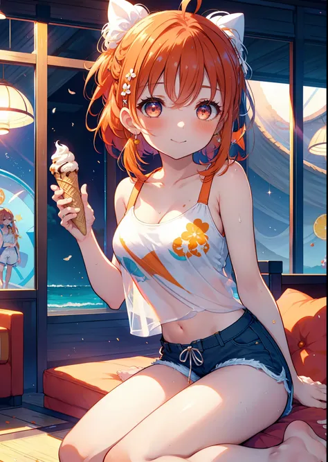 Takahai Chige,Orange Hair,Red eyes,smile,blush,Open your mouth,Long Hair,Ahoge,Orange tank top,Shorts,barefoot,Holding and eating ice cream with both hands,Sitting on the sofa,　　　　　　　　　　　　　　　break indoors, room, 　　　　　　　　　　　　　break looking at viewer, whole ...
