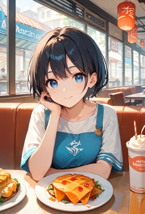 score_9, score_8_up, score_7_up,source_anime, high res image,masterpiece,best quality,girl,cute face,clear skin,black hair,short hair,blue eyes,restaurant,food,