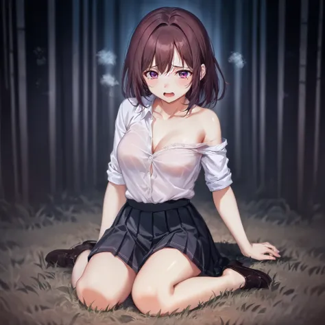 night,crying,surprise,Sigh,Frightened,Dark Forest,White shirt,In the process of removing panties,Pleated skirt,Photoreal 1;4,shoulder length brown hair,{high quality pink bra}},full body ,portrait1;4, {{beautiful medium size breasts 1:4}}, torn shirt, high...