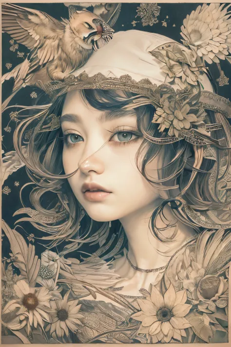 ((((masterpiece))), tattoo、Highest quality, An illustration, Beautiful details shine,
paper_cut, The details of a fragile girl&#39;s face captured on camera, wood, moon, butterfly,Wind、star、spider、Ladybug、centipede