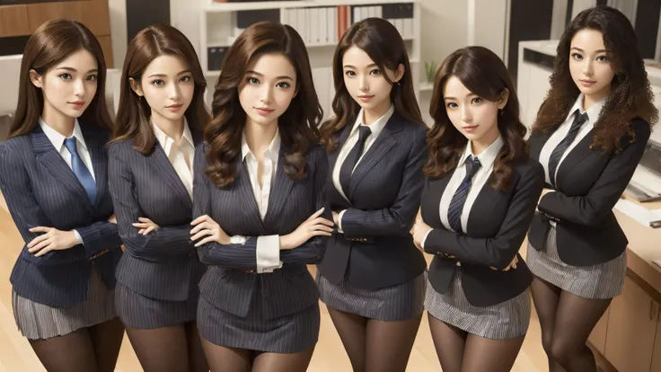 (best quality, masterpiece:1.5), (ultra-detailed, realistic:1.37),4K,(4woman:1.5),(smile:1.2),(4group photo),japanese,cute,beautiful,up curly hair,(big breast),(striped office suits),skirt,blouse,(black pantyhose),beauty legs,(sexy pose:1.1),(crossed arms:...