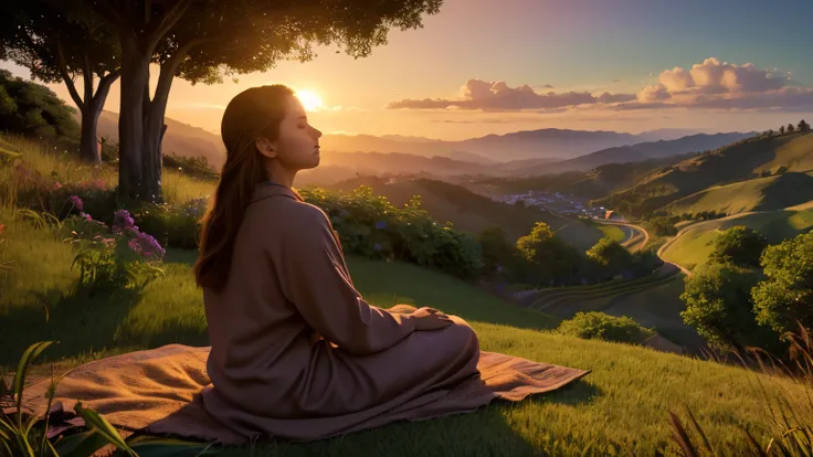 a highly detailed person meditating on a hill, wide clothing, cinematic lighting, intricate details, photorealistic, 8k, ultra-detailed, masterpiece, dramatic colors, warm tones, chiaroscuro lighting, peaceful atmosphere, serene expression, spiritual energ...