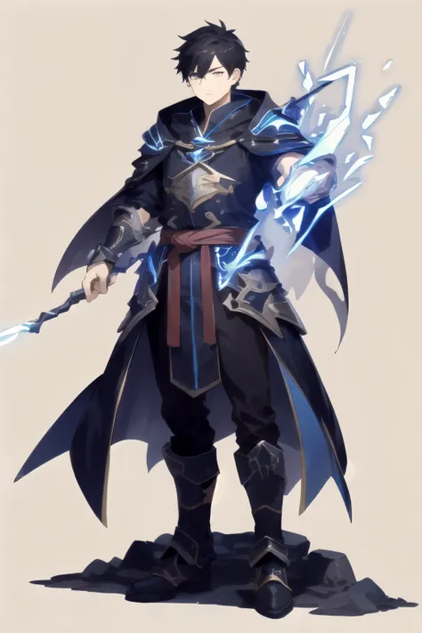 (AS-YoungV2:1.2),  traditional media, 独奏,Thunder and Lightning，Thunder and LightningMage，Thunder and LightningMage，Mage，Black hair， Paladin, standing, full body, simple background
