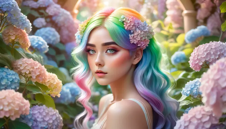 A beautiful anime girl with rainbow hair and eyes is resting in a magical garden. She is surrounded by pastel-colored hydrangeas, and a double rainbow arches over the scene. The style is light and dreamy, with a soft focus and ethereal quality.
