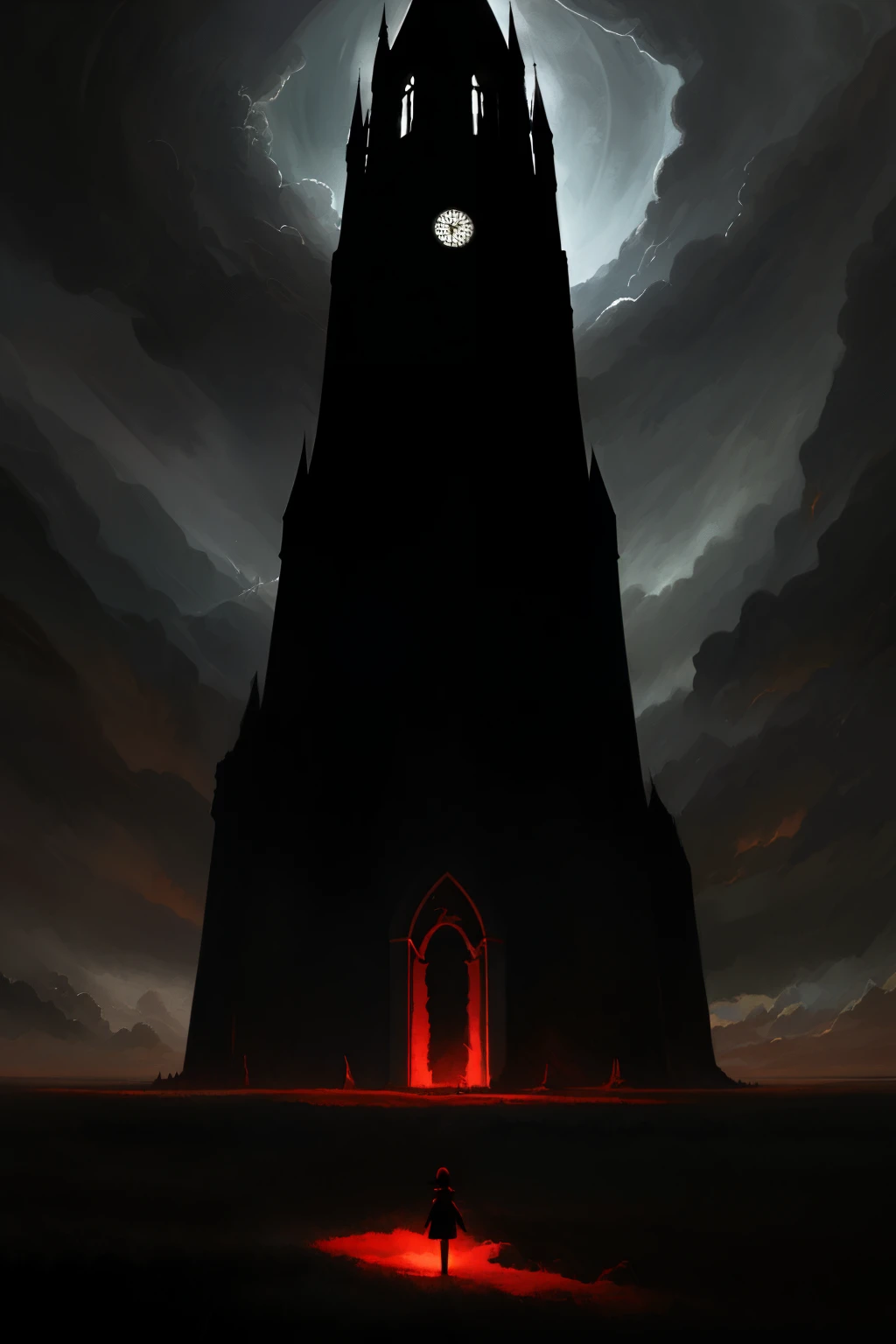 a hundred end tower in a 2d fantasy world with a darker tone in colors.