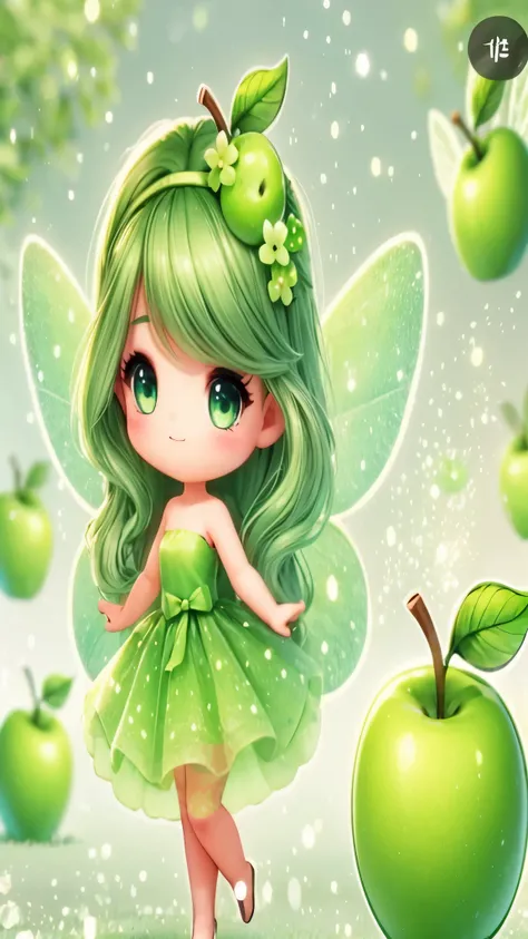 Green apple fairy 3d cute little overall one girl blue eyes, Twin tails, Green hair, green apple smile, Character portrait, anime, 