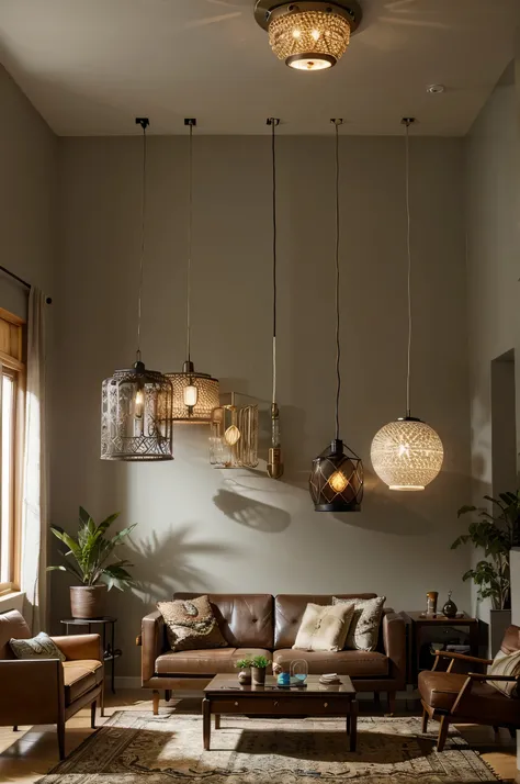 A living room with modern pendant lights featuring boho-inspired designs.