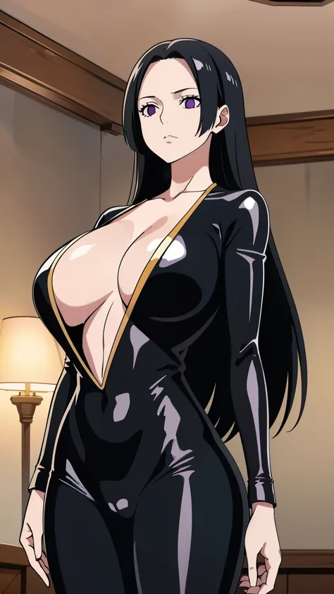  1 female,Browsing Caution, ((indoor, night)), ((Stand up)), boa hancock, (ONEPIECE),Black Hair,  (((Black latex tight bodysuit))),  clavicle, Hollow Eyes, ((big breasts 1.8)),((hypnotism,Mind control, Sharp eyes)),((With eyes wide open)),(The pupils const...