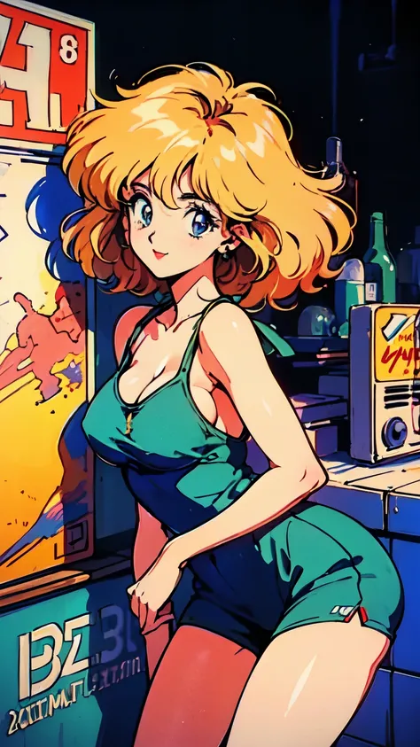 (80s, Retro, City Pop Poster:1.5), (Album cover), (masterpiece, Highest quality), (anime, figure), 
Best Photo Poses, Dynamic Angle, Cowboy Shot, blonde Russian girl, 19 years old, Large Breasts, Wide Hips, Perky ass, Round ass,
girl, alone, smile, A perfe...