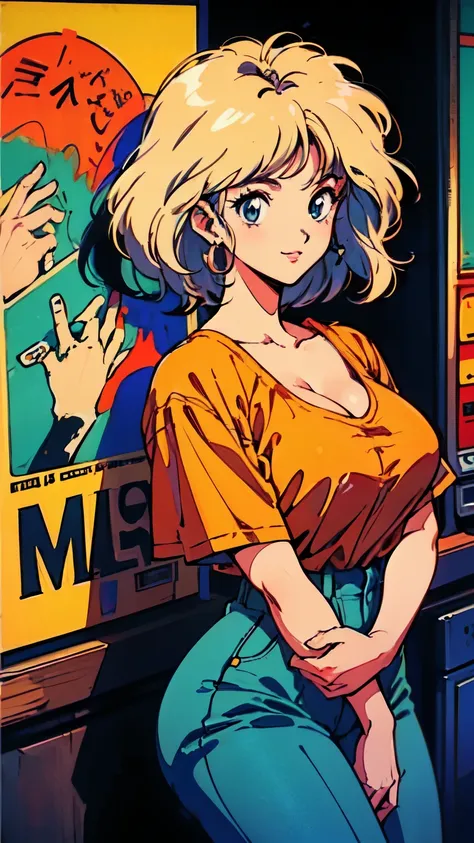 (80s, Retro, City Pop Poster:1.5), (Album cover), (masterpiece, Highest quality), (anime, figure), 
Best Photo Poses, Dynamic Angle, Cowboy Shot, blonde Russian girl, 19 years old, Large Breasts, Wide Hips, Perky ass, Round ass,
girl, alone, smile, A perfe...