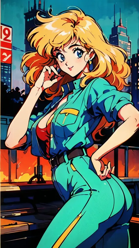 (80s, Retro, City Pop Poster:1.5), (Album cover), (masterpiece, Highest quality), (anime, figure), 
Best Photo Poses, Dynamic Angle, Cowboy Shot, blonde Russian girl, 19 years old, Large Breasts, Wide Hips, Perky ass, Round ass,
girl, alone, smile, A perfe...