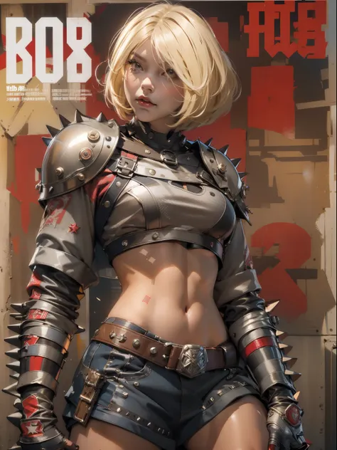 (((Miss))), (((Better quality))), (((Original Work))), (((aldult))), (((1 Girl))), ((( Bob Hairstyle ))), Uma gladiadora cyberpunk Miss de 25 anos com corpo perfeito, Shoulder pads with metal ridges, Brooklyn Gladiators, (( Bob Hairstyle )), Small skin, To...