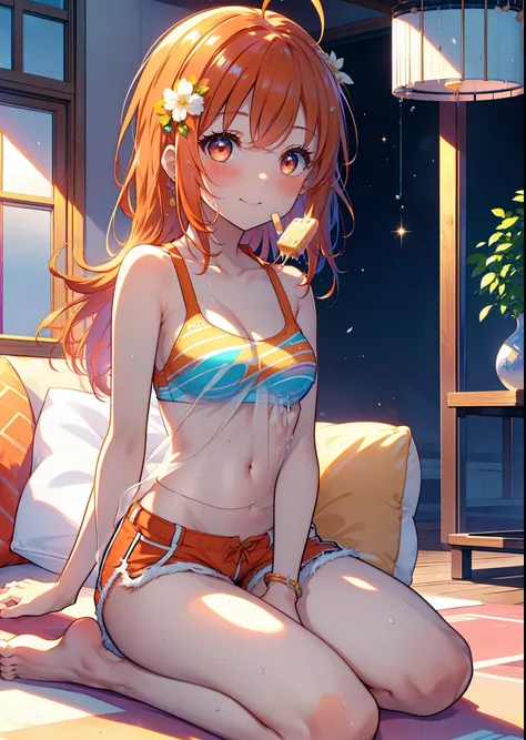 takahai chige,orange hair,red eyes,smile,blush,open your mouth,long hair,ahoge,orange tank top,shorts,barefoot,holding and eatin...