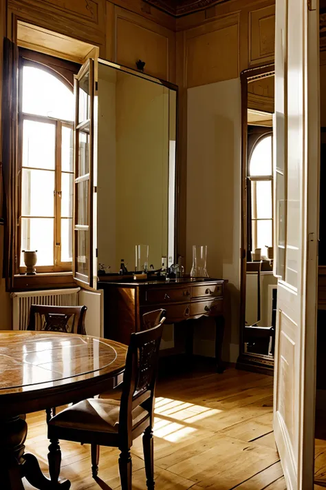 Ancient European style room. A large room. There are mirrors, there are tables, 